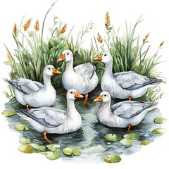 Obraz premium Watercolor Illustration of Five Geese Swimming in a Pond.