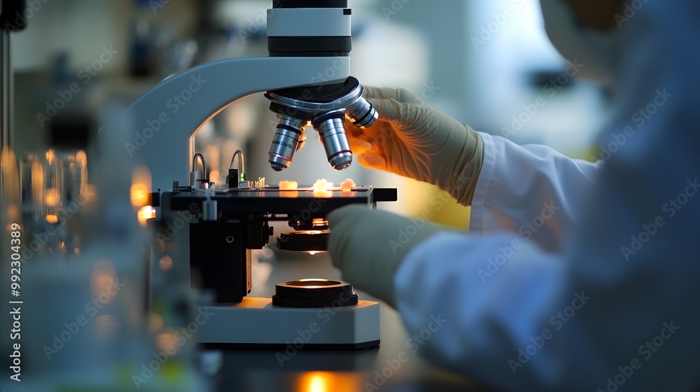 Poster a scientist uses a microscope in a laboratory setting