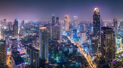 Panorama view of Bangkok business district at night time. 
