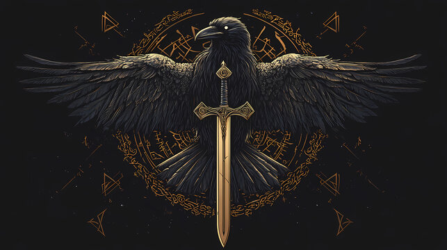 In modern illustrations pagan norse design with raven sword and runes on a black background. Fenrir. Illustration