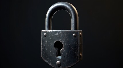 Fototapeta premium Old metal padlock with keyhole, black background, isolated