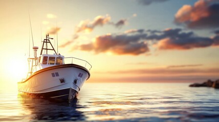 A boat is floating in the ocean at sunset