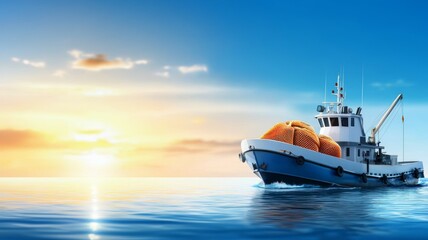 Fototapeta premium A boat is sailing in the ocean with a sunset in the background