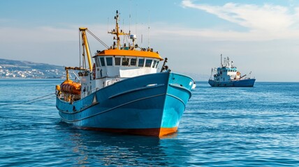 Fototapeta premium A blue boat is in the water next to another boat