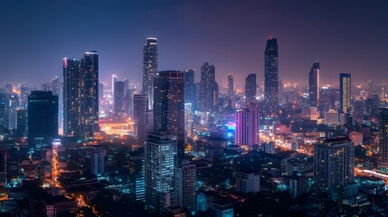 Obraz premium Panorama view of Bangkok business district at night time. 