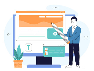 Copywriter with article. Man with pencil near computer monitor. Young guy creates interesting content for website. Freelancer earning money on Internet. Linear vector illustration