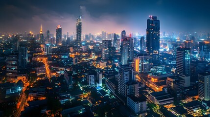 Fototapeta premium Panorama view of Bangkok business district at night time. 