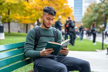 Obraz premium A person sitting on a park bench, engrossed in a book while people walk by in the background