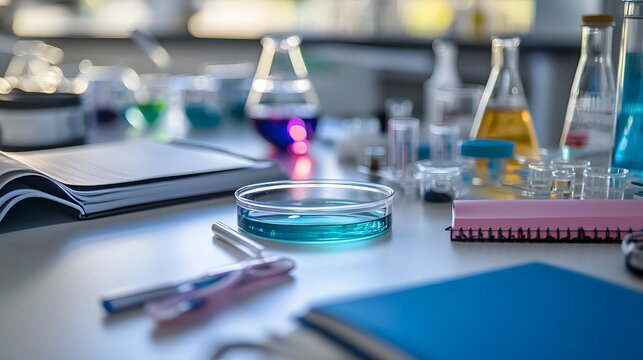 Laboratory Tabletop with Glassware, Notebooks, and a Blue Solution