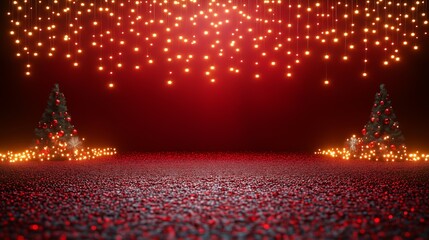 festive minimalist red background with hanging string lights garland. Christmas decoration 