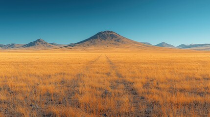 Obraz premium Mountain Range Landscape with Golden Grass Field and Clear Blue Sky