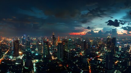 Obraz premium Panorama view of Bangkok business district at night time. 