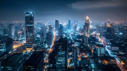 Fototapeta premium Panorama view of Bangkok business district at night time. 