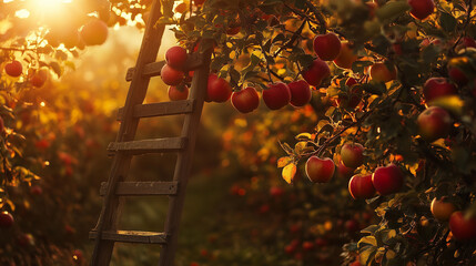 Apple Orchard at Sunset with Harvest Ladder