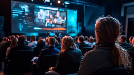 Audience watching a presentation or conference with a large screen showing a speaker or presentation