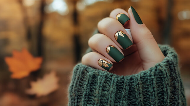 Green Autumn Nails with Golden Leaf Design. Elegant green autumn nails with a golden leaf accent, set against a cozy autumn backdrop. The matte finish and gold detailing evoke the essence of the fall 
