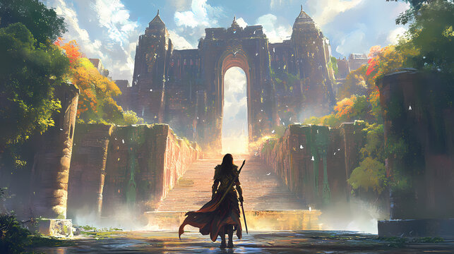 Mystical elf warrior embarks on epic quest fantasy journey to the magical gate of adventure in ancient city. Epic Quest. Illustration