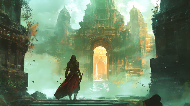 Mystical elf warrior embarks on epic quest fantasy journey to the magical gate of adventure in ancient city. Epic Quest. Illustration