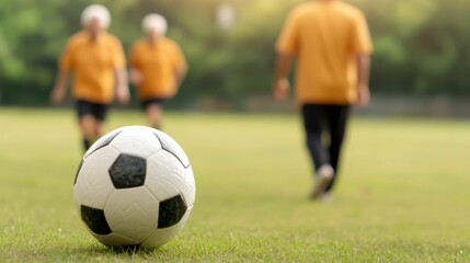 Fototapeta premium Close-up view of a soccer ball on a green field with elderly men in orange shirts walking in the background, playing a casual game...