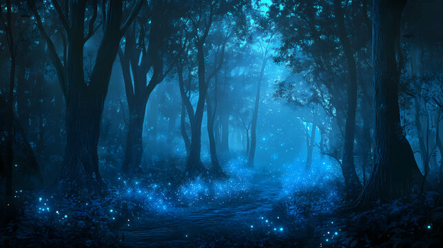 Mystical magical blue forest at night with glowing lights. Magical Forest. Illustration