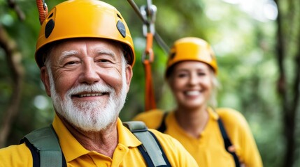 Happy senior man wearing a helmet and yellow shirt, smiling while enjoying a zip line adventure in the forest with another person in the background.