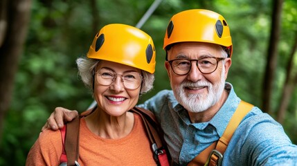Smiling elderly couple wearing bright helmets and adventure gear, excited and ready to enjoy a zip line adventure in the forest...
