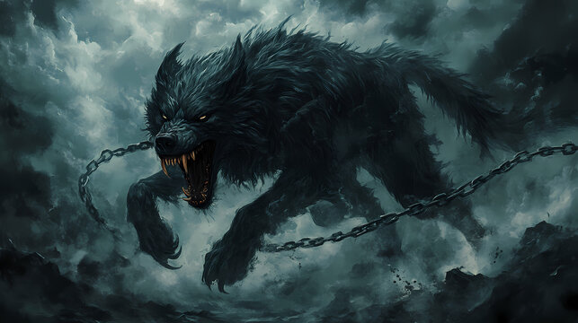 Myth of fenrir the monstrous wolf bound by the gods jaws wide open norse mythology chain of gleipnir twilight of the gods apocalyptic scene. Fenrir. Illustration