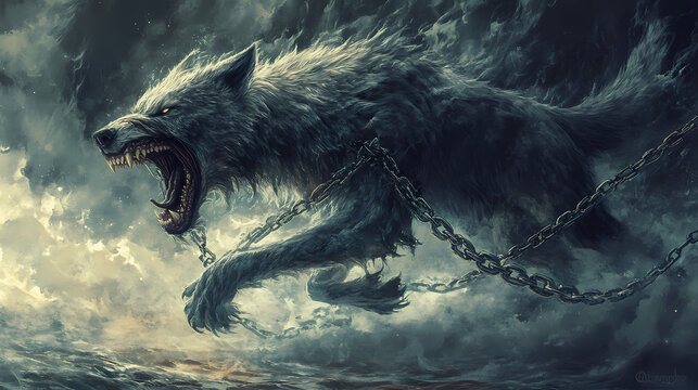 Myth of fenrir the monstrous wolf bound by the gods jaws wide open norse mythology chain of gleipnir twilight of the gods apocalyptic scene. Fenrir. Illustration
