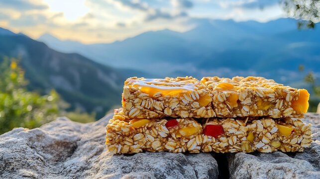 Acerola energy bars made oats honey nuts displayed on a hiking trail with mountains softly blurred in the distance promoting natural energy and outdoor adventure Scientific name Malpighia emarginata