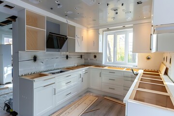 Modern kitchen in new house with white cabinets