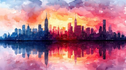 Obraz premium Watercolor Cityscape Skyline at Sunset with Reflection