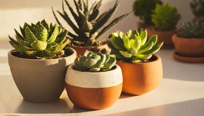 Minimalist houseplant arrangement with succulents and cacti in ceramic pots for a clean and modern aesthetic