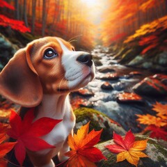 Beagle Welpe im Herbst