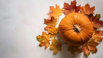 A minimalist autumn scene featuring a single pumpkin surrounded by colorful fall leaves against a textured white background. Ideal for seasonal decor, Thanksgiving, and autumn-themed projects.