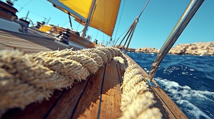Obraz premium Sailing Yacht Deck with Rope Ocean View and Blue Sky