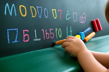 A hyper-realistic shot of a child writing the alphabet on a chalkboard, showing every fine detail of the chalk and the letters they form