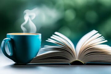 Naklejka premium A hyper-realistic shot of a coffee cup placed next to an open book, capturing every detail of the steam rising from the cup and the soft light on the pages