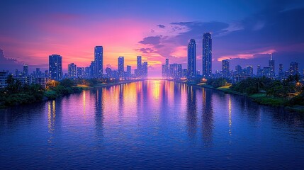 Fototapeta premium City Skyline Reflection in Water at Sunset