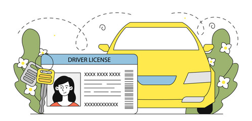 Drivers license concept. Female drivers license near yellow car. Personal identifications document. Automobile and vehicle. Linear vector illustration
