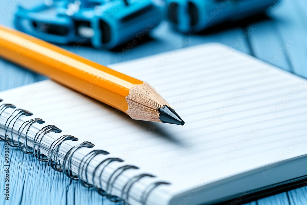 Aufkleber A single pencil lying on an open notebook, with a blank page ready for notes, symbolizing the start of learning
