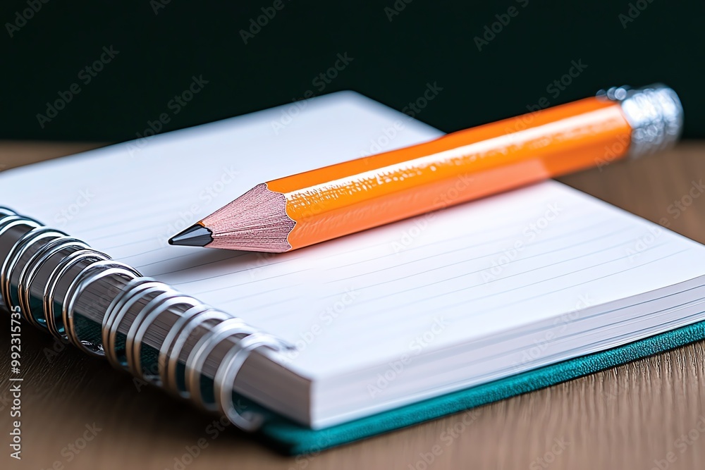 Aufkleber A single pencil lying on an open notebook, with a blank page ready for notes, symbolizing the start of learning