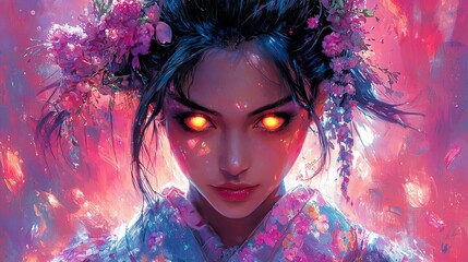 Obraz premium Woman with Glowing Eyes and Flowers in Hair Painted Portrait Fantasy Art