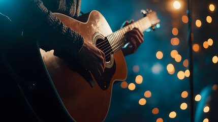 Naklejka premium Acoustic Guitar Performance in Vibrant Stage Lighting