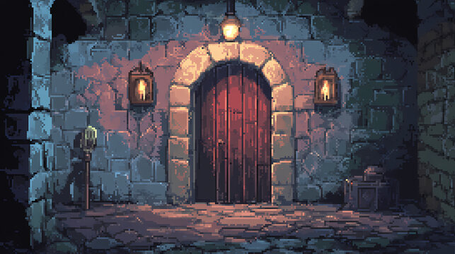 Pixel art of old castle dungeon background battle scene in rpg old school retro bits, bits game style. Dungeon Explorer. Illustration