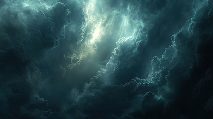 Fototapeta premium Dark, menacing storm clouds looming over the horizon, with flashes of light peeking through, signaling impending rain.