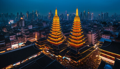 Fototapeta premium Golden Pagodas at Night City Skyline