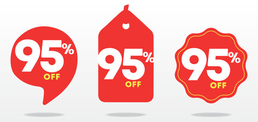 95% off. Business, price tag, special offer. Sticker promo value poster. Red, yellow balloon set. Ads for stores, shopping, sales, promotion, campaign. Icon, vector