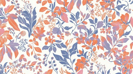 Fototapeta premium Seamless floral pattern with orange, pink, and blue flowers on a white background.