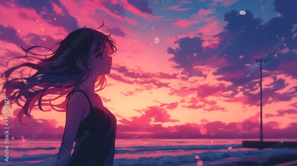 Sticker Silhouette of Anime Girl with Long Hair Watching Sunset Over the Ocean