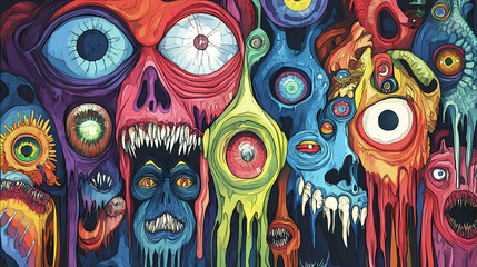 Fototapeta premium The image is a colorful and abstract drawing of many different monsters. Cyclops. Illustration